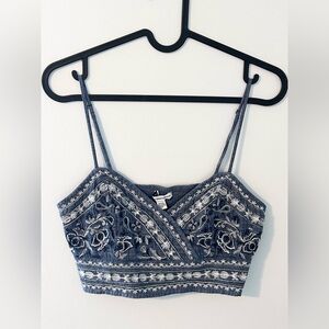 American Eagle Denim-Blue Embroidered Boho Crop Top, Size S